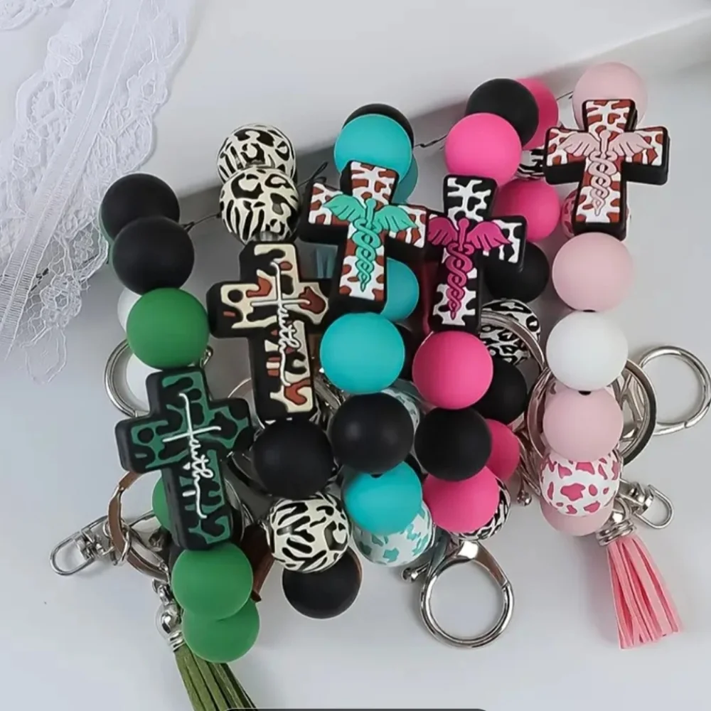 Orange Beaded Bag Charm/ Keychain Bracelet with Cross Charms